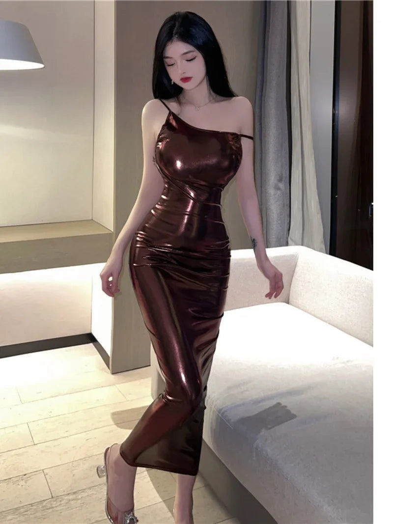 Sexy 2023 Summer Royal Sister Temperament backless Slim Long Lacquer Leather Fashion Solid color Wrap Hip Dress Women's KZCB