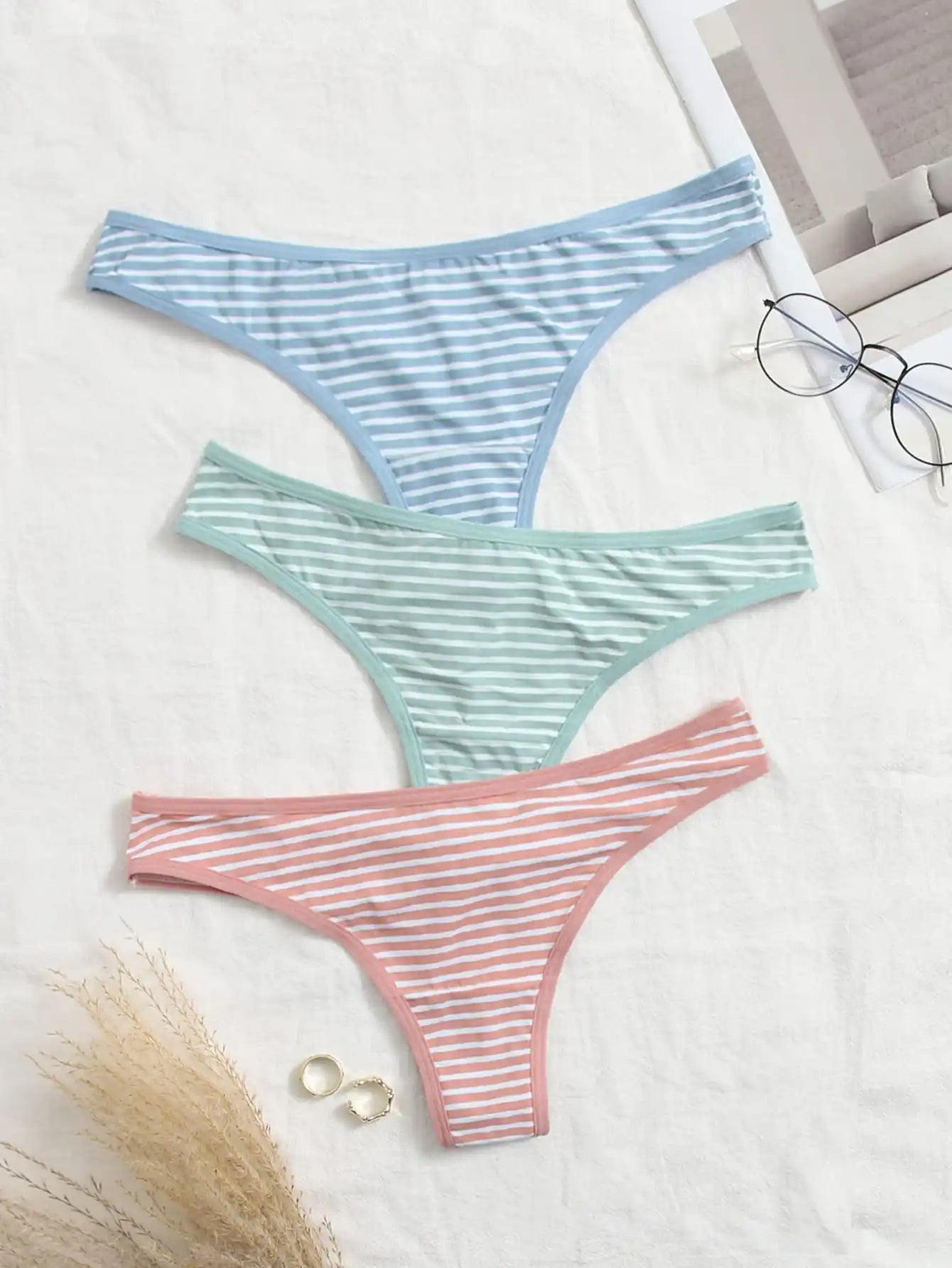 3Pcs Women's Cute And Fresh Multi-color Striped Underwear Thong Without Trace Antibacterial Daily Casual Underwear Thong C364