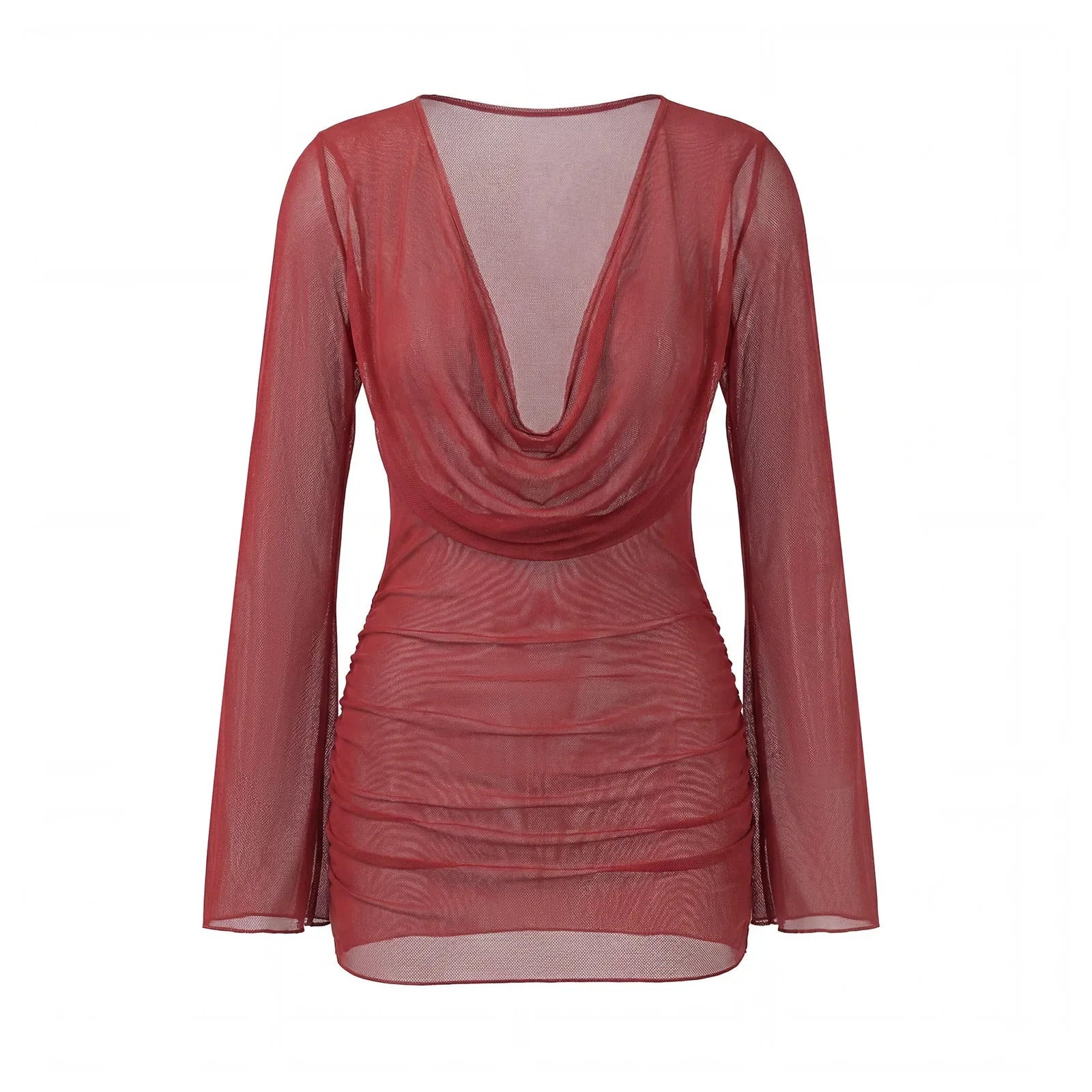 Women's Summer Solid Color Sheer Beach Mini Dress Long Sleeve Deep V Neck Swim Cover Up Swimwear for Pool Vacation