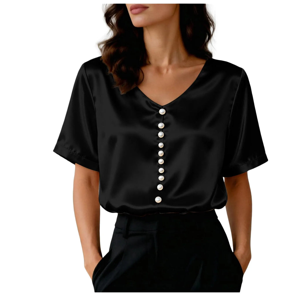 Women's Satin Short Sleeve T Shirt With Pearl Buttons Solid Color V Neck Loose Fit Elegant Office Lady Tees Summer Commuter Top