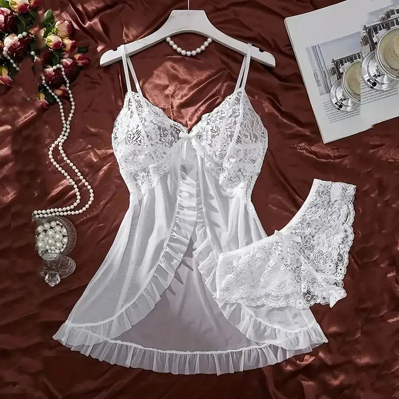 White Sexy Contrast Lace and Mesh Ruffle Babydoll Sleep Dress Woman Nightgown V-neck Open Bra Sleep Skirt Nighties Sleepwear