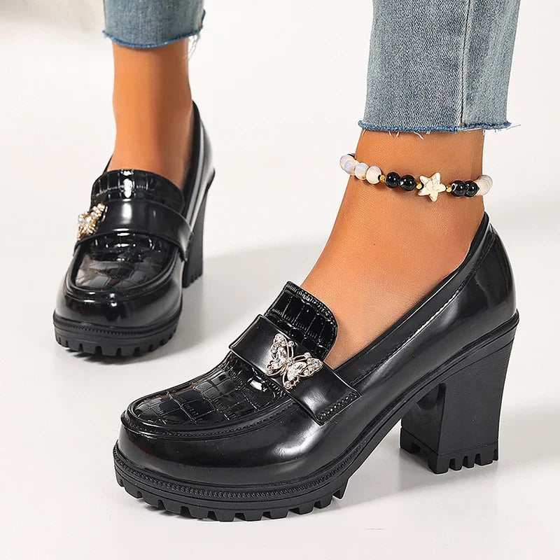 Crystal Butterfly High Heels Loafers Women Plus Size 42 Slip On Platform Pumps Woman Fashion Chunky Heel Pu Leather Shoes Ladies
