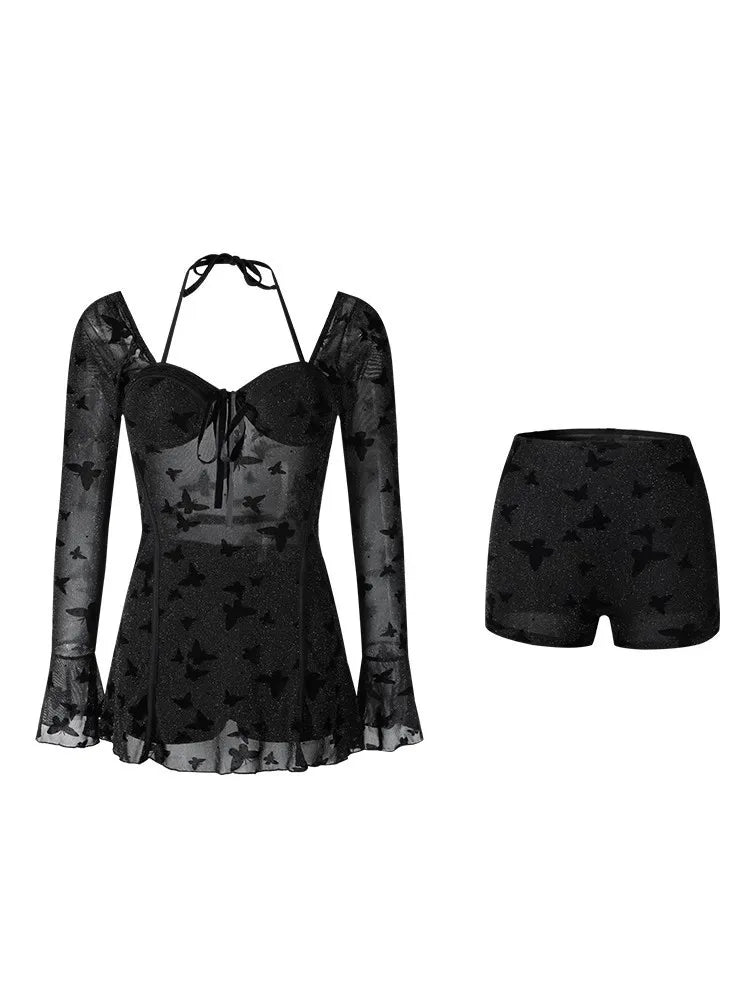 Hot spring swimsuit women's highend skirt style two-piece set sexy pure desire steel holder gathering slimming vacation swimsuit