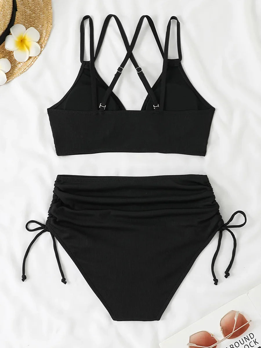 2026 Strappy Triangle Bikinis Women Sexy Swimwear Female High Waist Swimsuit Solid Bathers Bathing Swimming Swim Suit Beachwear