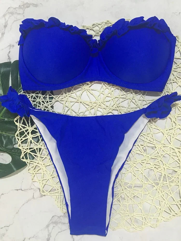 Leopard Ruffled Bra Cup Bikini 2025 Women Bandeau Swimsuit Female Swimwear Two Pieces Bikini Set Push Up Bathing Suit Swim Lady
