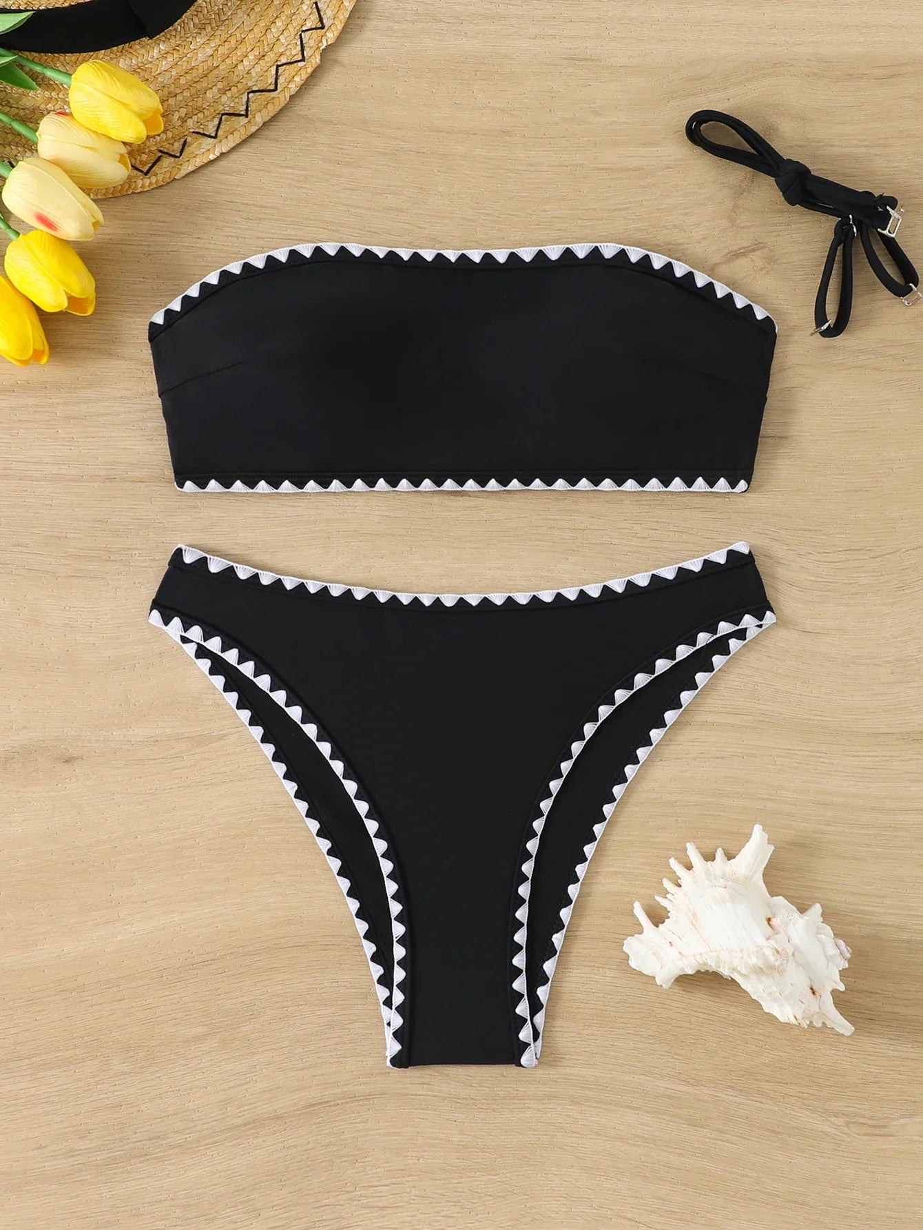 Contrast Binding Bandeau Bikinis 2026 Women Sexy Swimsuit Solid Padded Swimwear Female Bathing Suit Swimming Summer Beachwear