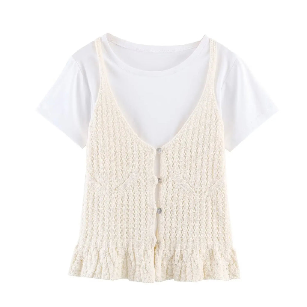 Fashion Casual Hollow-out Knitwear Women Cream White Crochet Knit V Neck Button Front Ruffle Hem Sleeveless Casual Crop Top 38V2