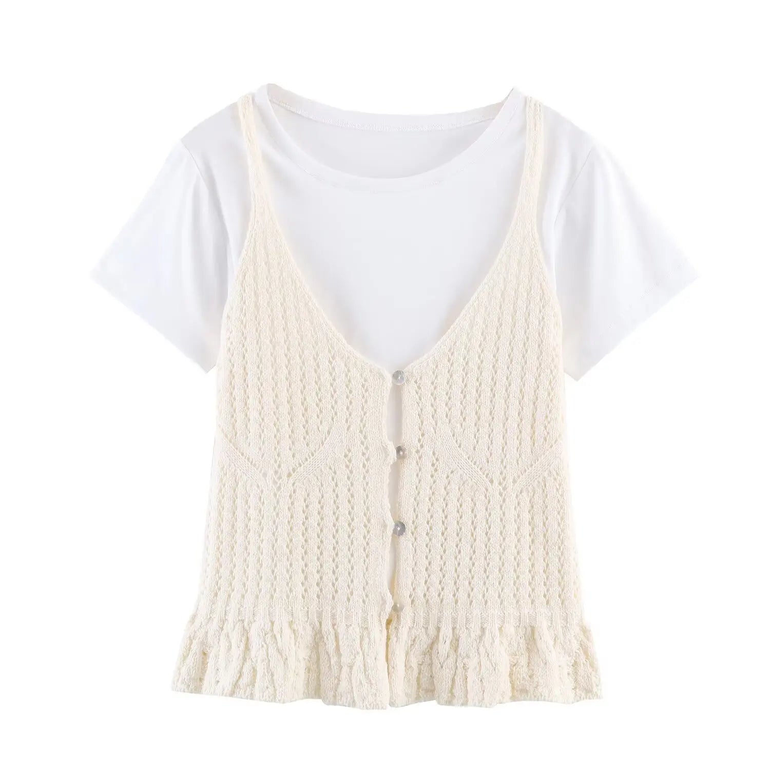 Fashion Casual Hollow-out Knitwear Women Cream White Crochet Knit V Neck Button Front Ruffle Hem Sleeveless Casual Crop Top 38V2