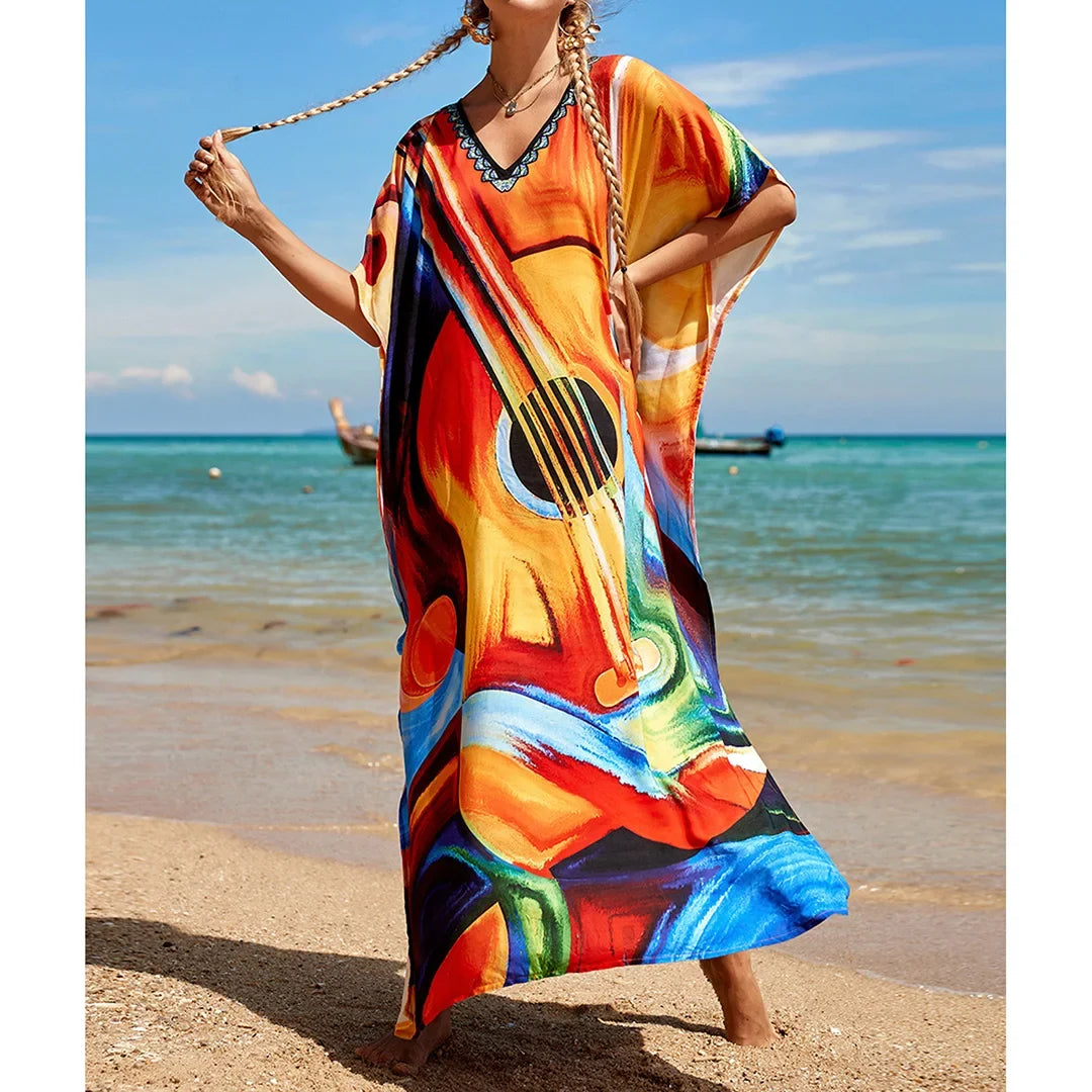 2026 New Colorful Kaftan Tunic Beach Dress Beach Wear Beachwear Beach Cover Up Cover-upsLoose Maxi Dress Female Women V4428