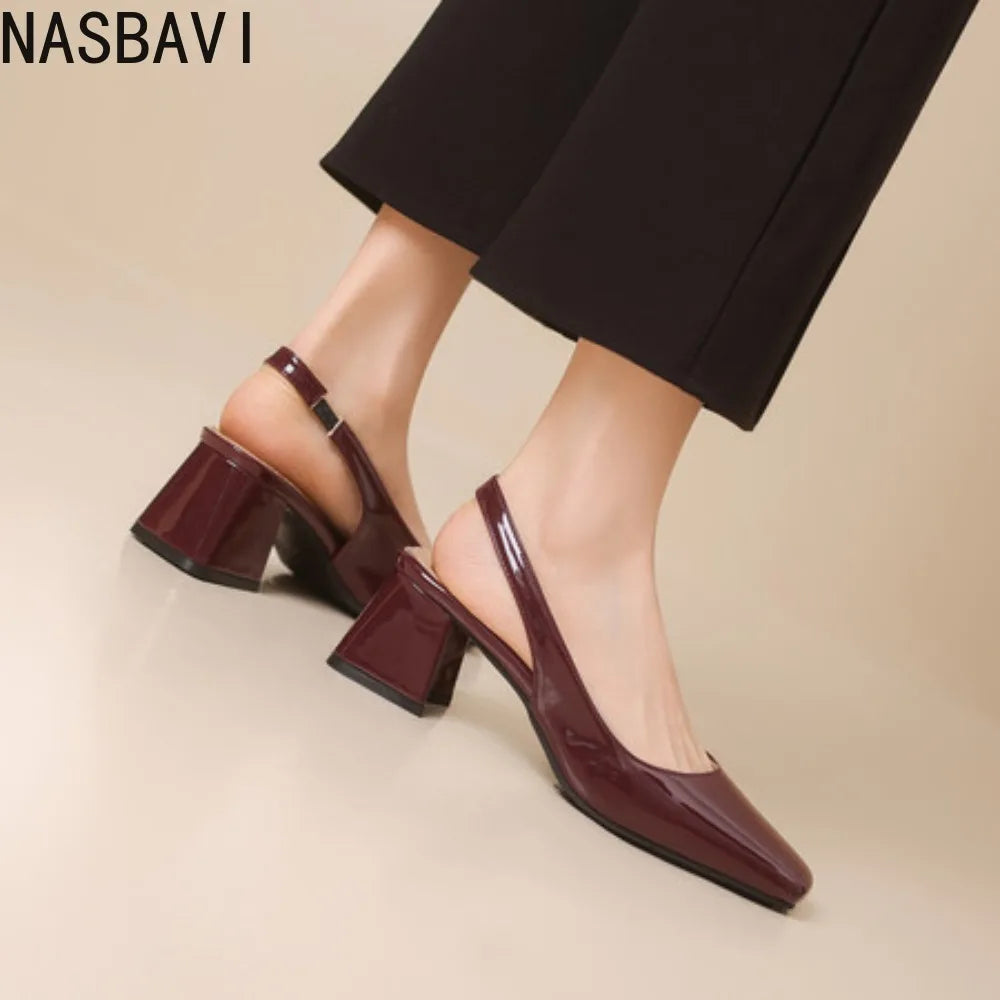 NASBAVI Vintage Womens Square Toes Pumps 6CM Chunky Heels Slingback Sandal Shoes Ladies Summer New Woman Lady Female Sandals