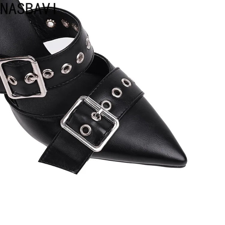 NASBAVI Black Punk Gothic High Heels Sexy Plus Size Pointed Toe Fashion Buckle Rivet Women Pumps Wedding Shoes Stiletto Heels