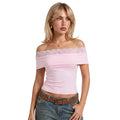 Women Summer Solid Color Off the Shoulder Crop Tops Lace Trim Slim Fit Boat Neck T-shirts