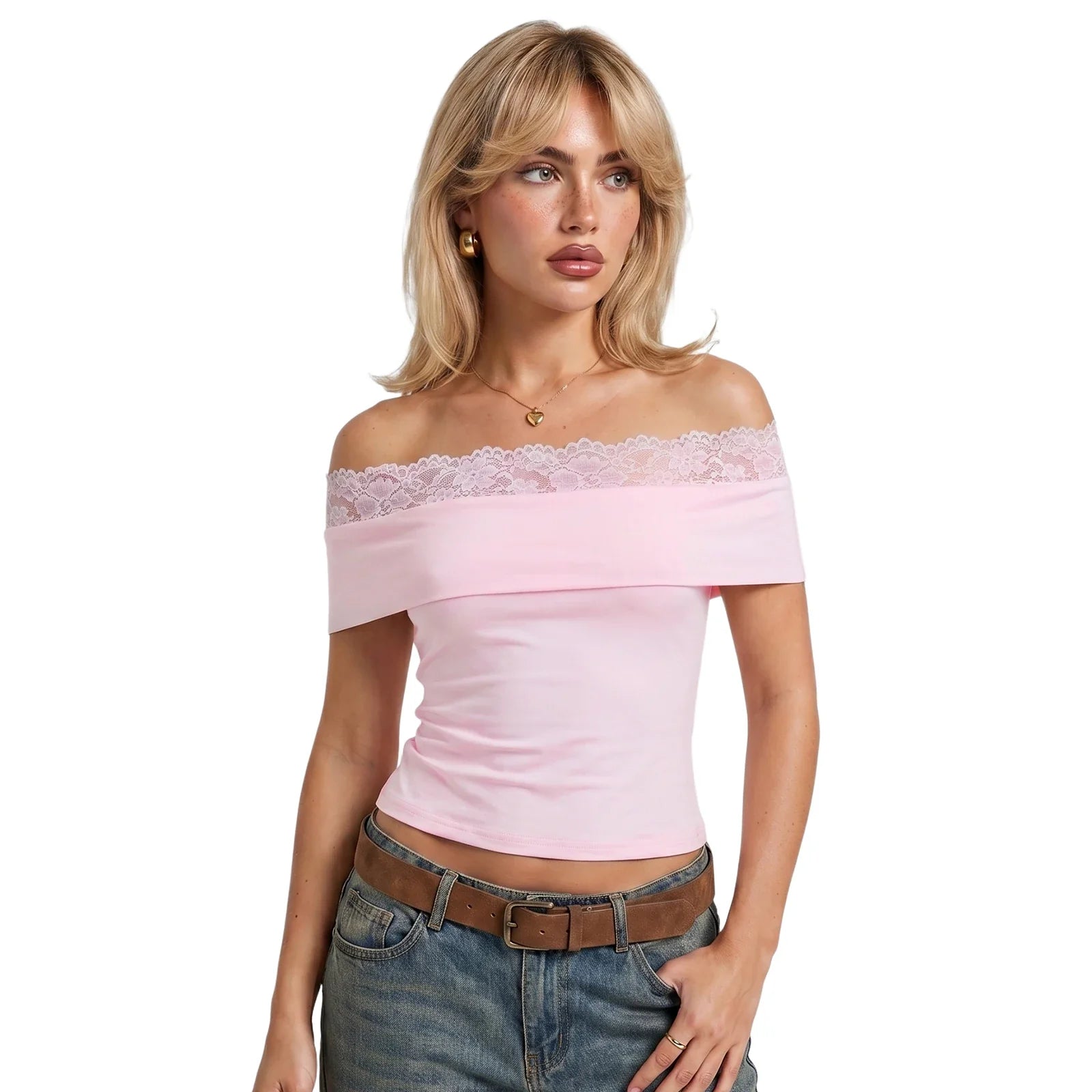 Women Summer Solid Color Off the Shoulder Crop Tops Lace Trim Slim Fit Boat Neck T-shirts