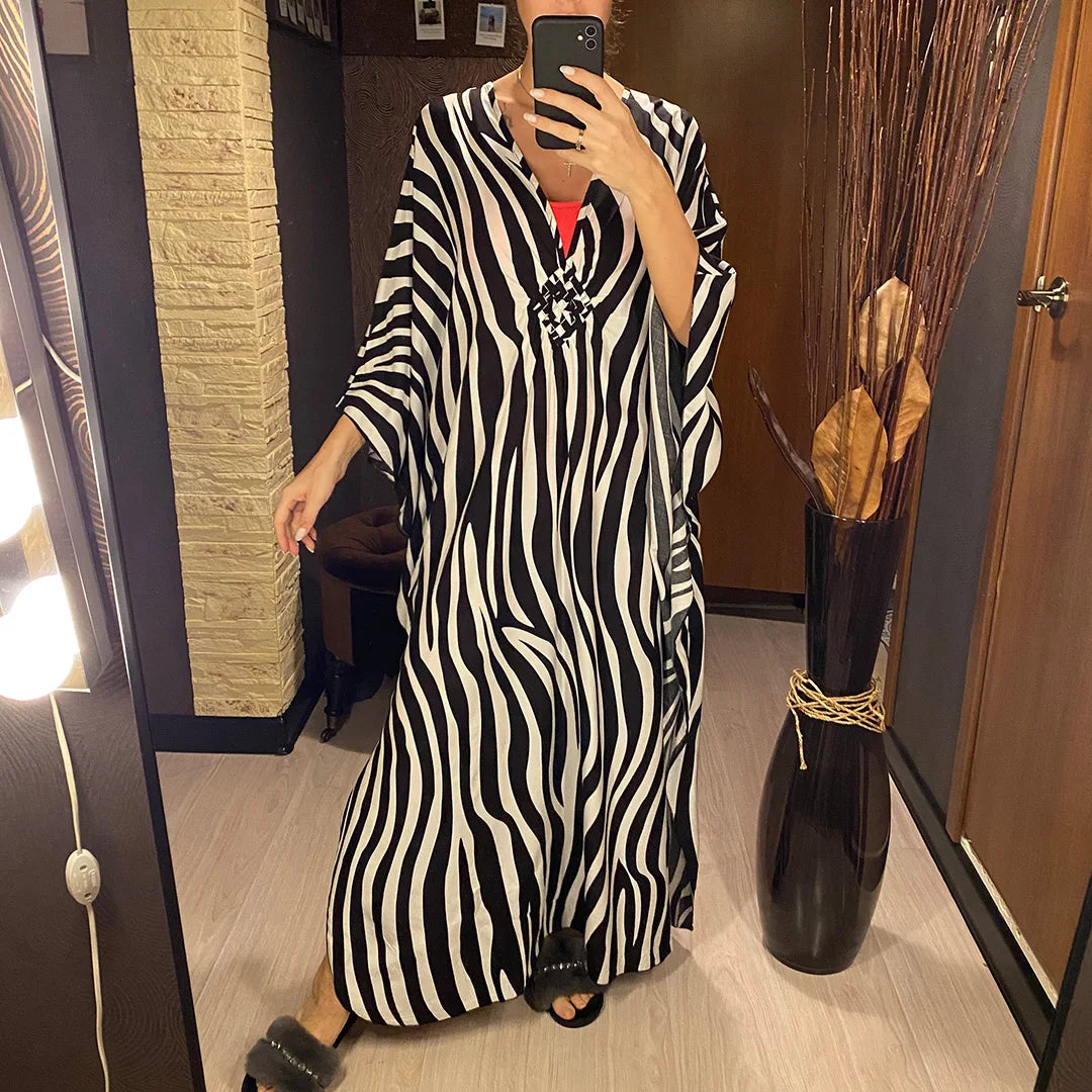 Sexy Zebra Printed V Neck Tunic Beach Cover Up Cover-ups Beach Dress Beach Wear Beachwear Beach Long Dress Female Women V4159