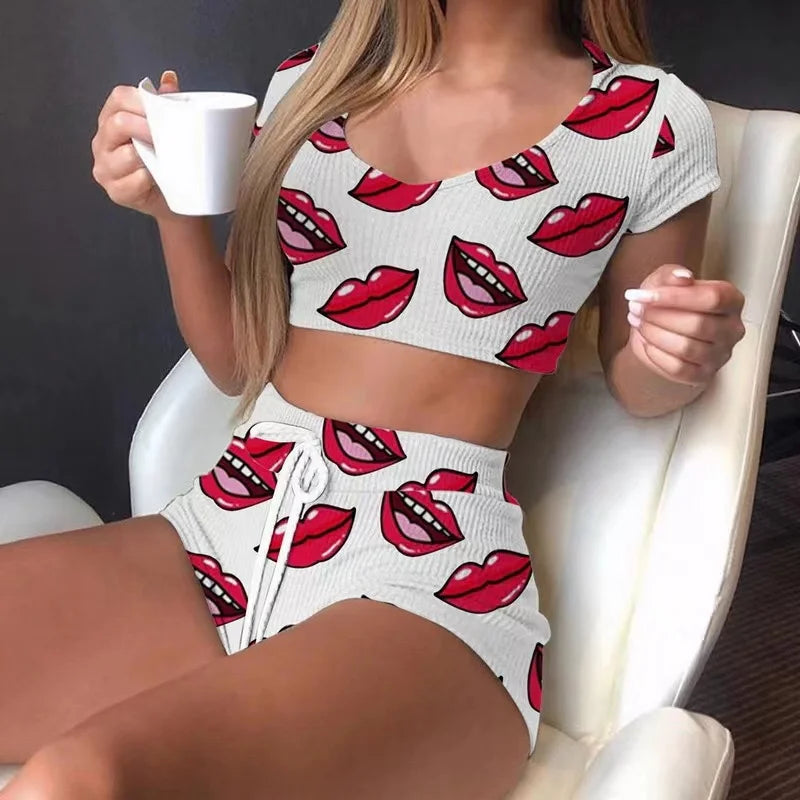 Summer Short Sexy Casual Lips Print Female Sleepwear Suit Pajamas Top+Pants Skinng Women Homewear Underwear