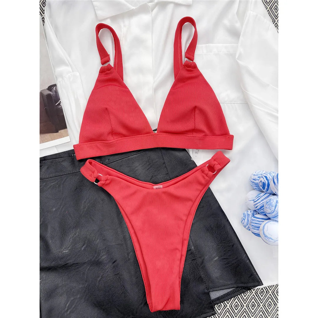 Sexy High Leg Cut Ribbed Bikini Women Swimwear Female Swimsuit Two-Pieces Bikini Set Padded Bather Bathing Suit Swim Lady V3255