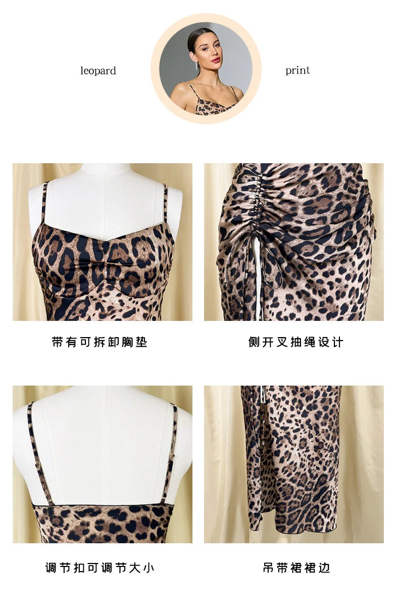 Women Sexy Leopard Print Slip Nightdress Removable Padded Drawstring High Slit Midi Nightgown Loungewear