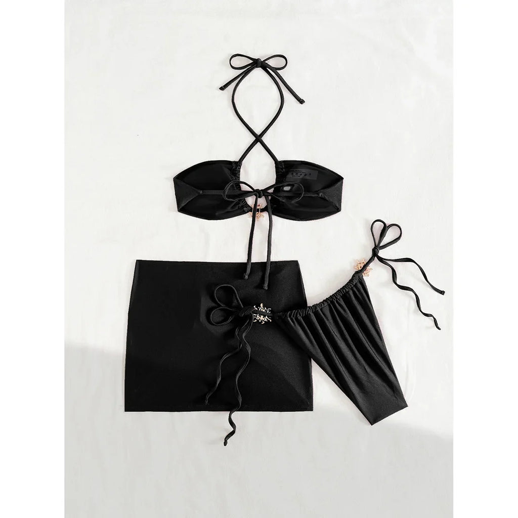 With Skirt Halter High Cut Strappy Bikini Female Swimsuit Women Swimwear Three-Pieces Bikini Set Bather Bathing Suit Swim V6398