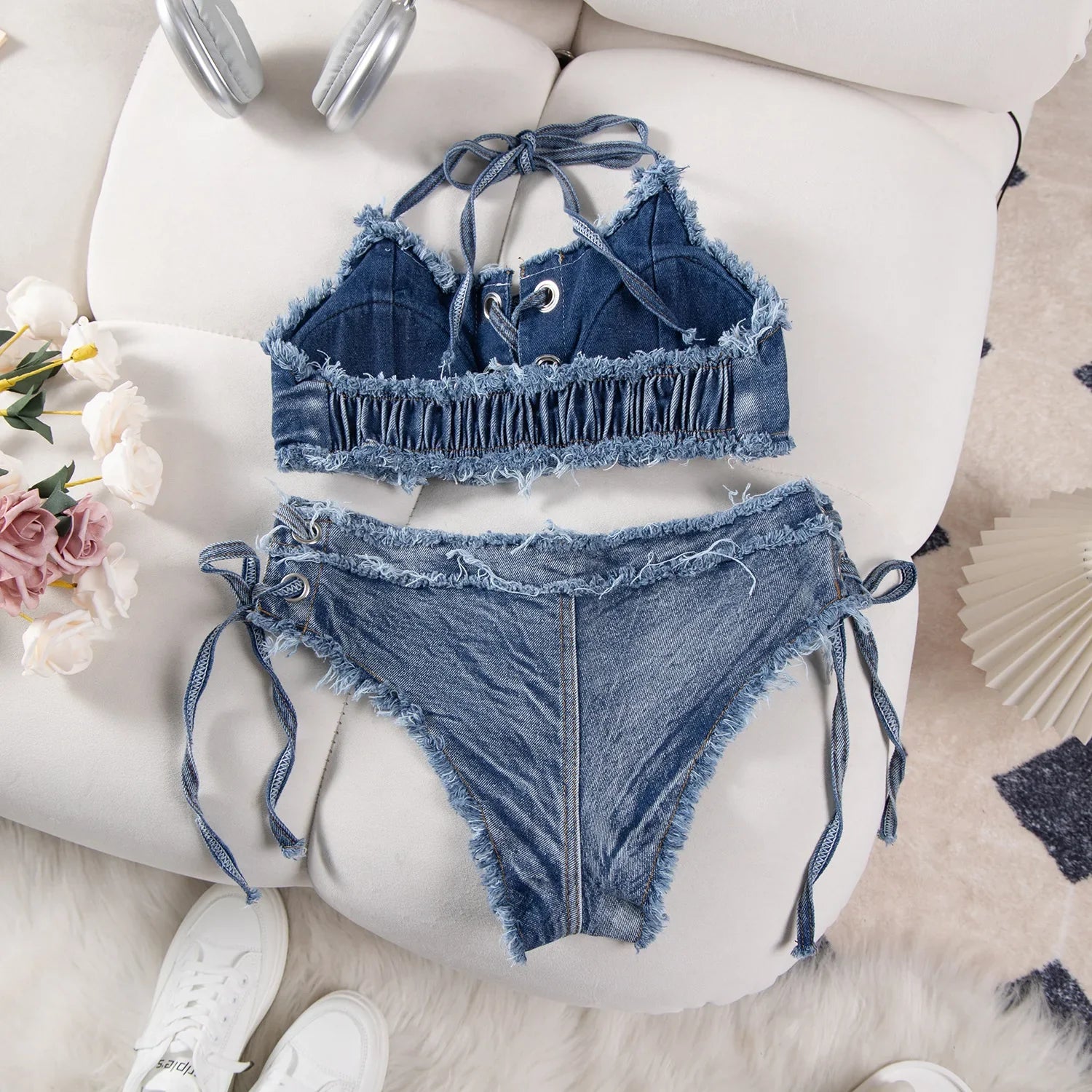 DEKA Retro Women Bikini Denim Suits Summer Halter Camis+ Mini Pant Lingerie Fashion Vacation Swimsuits Sexy Bra&Briefs Sets