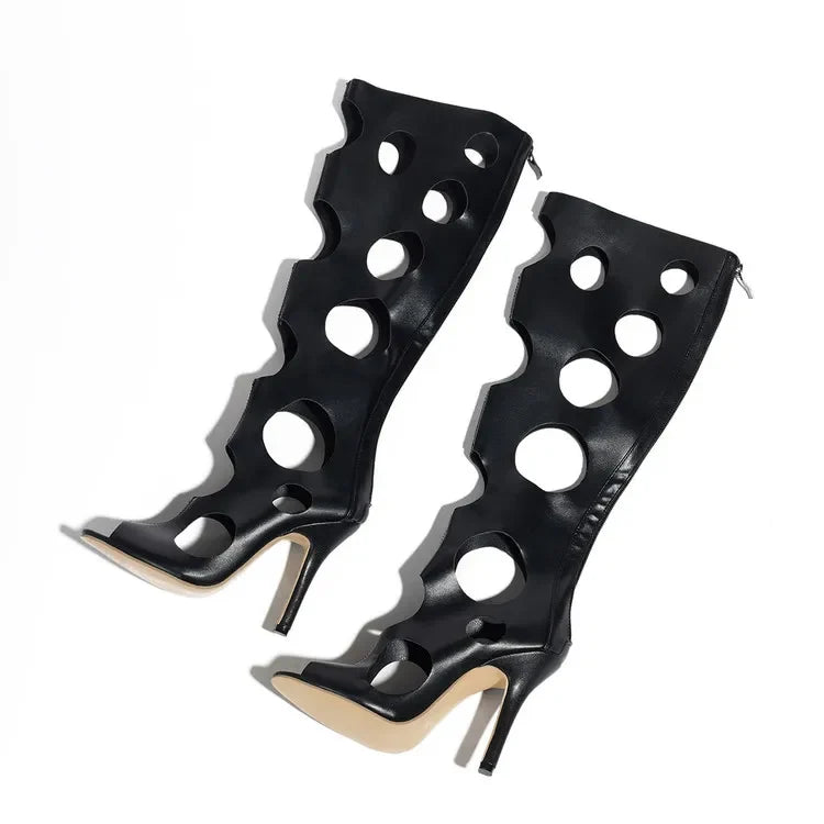 Big Size 43 Sexy Black Hollow Out Summer Boots Women White Thin High Heels Knee High Boots Stiletto Zip-up Peep Toe Party Shoes