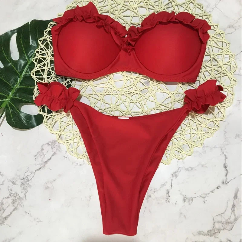 Ruffled Bra Cup Bikinis 2025 Bandeau Bikinis Women Swimsuit Female Swimwear Two Pieces Bikini Set High Cut Bathing Suit Swim