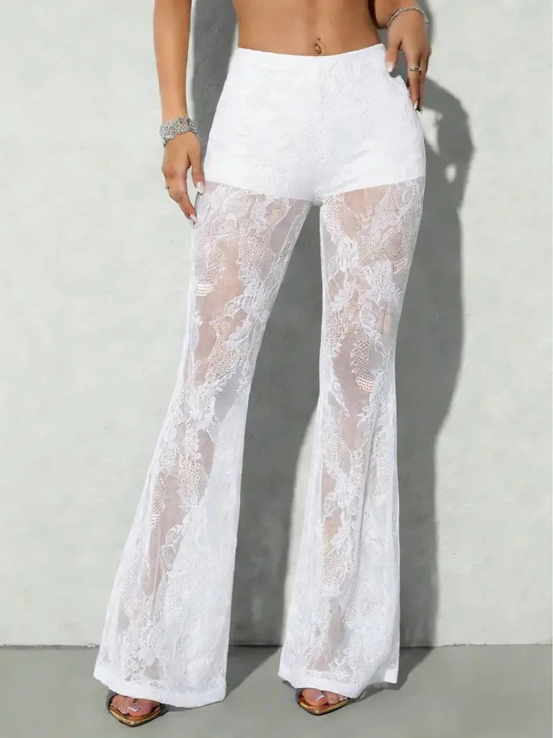 Women's summer lace see-through high-waist flared pants sexy bootcut trousers hot girl style