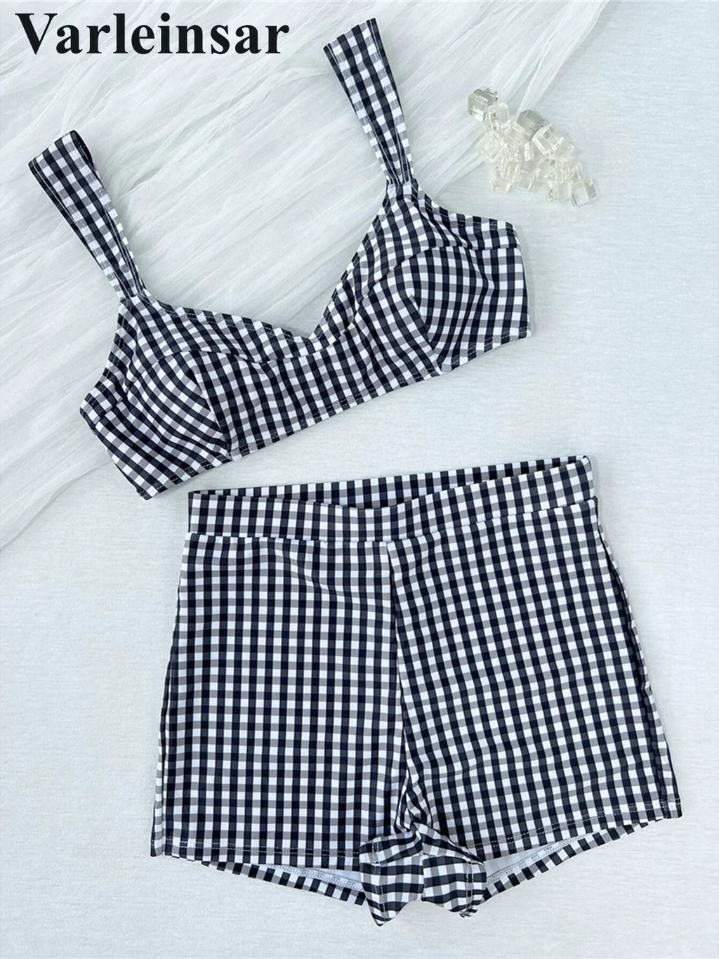 Plaid V Neck Shorts Female Swimsuit High Waist Bikini Women Swimwear Two-Pieces Bikini Set Padded Bather Bathing Suit Swim V8272
