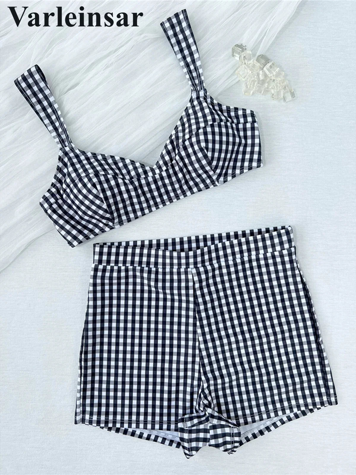 Plaid V Neck Shorts Female Swimsuit High Waist Bikini Women Swimwear Two-Pieces Bikini Set Padded Bather Bathing Suit Swim V8272
