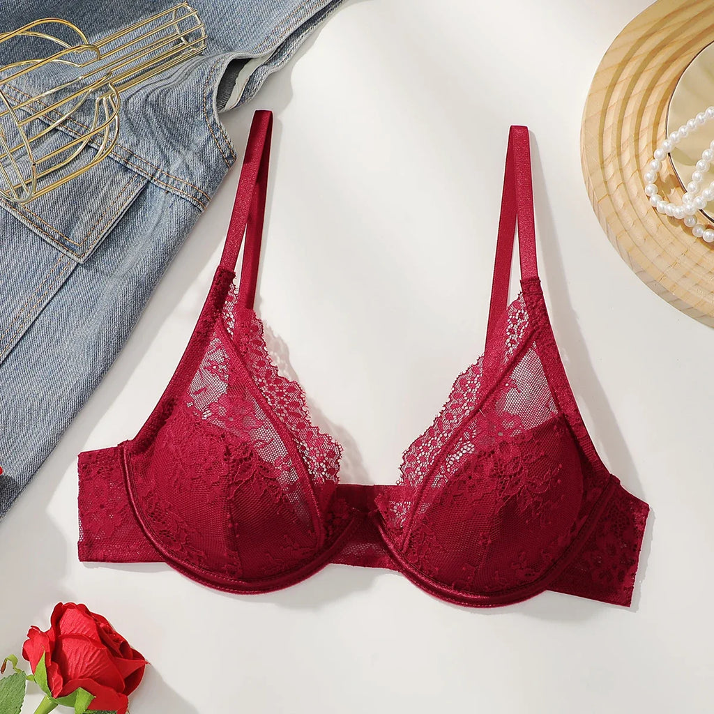 Red High-Quality Lace Bra Sexy Steel Ring Lifted Semi-Transparent Women's Underwear Lingerie for Enhanced Femininity