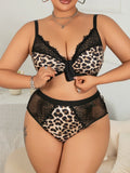 Plus Size Leopard Print Lingerie Set, Ultra-thin Lace Spliced Push-up Full Bust Support Bra