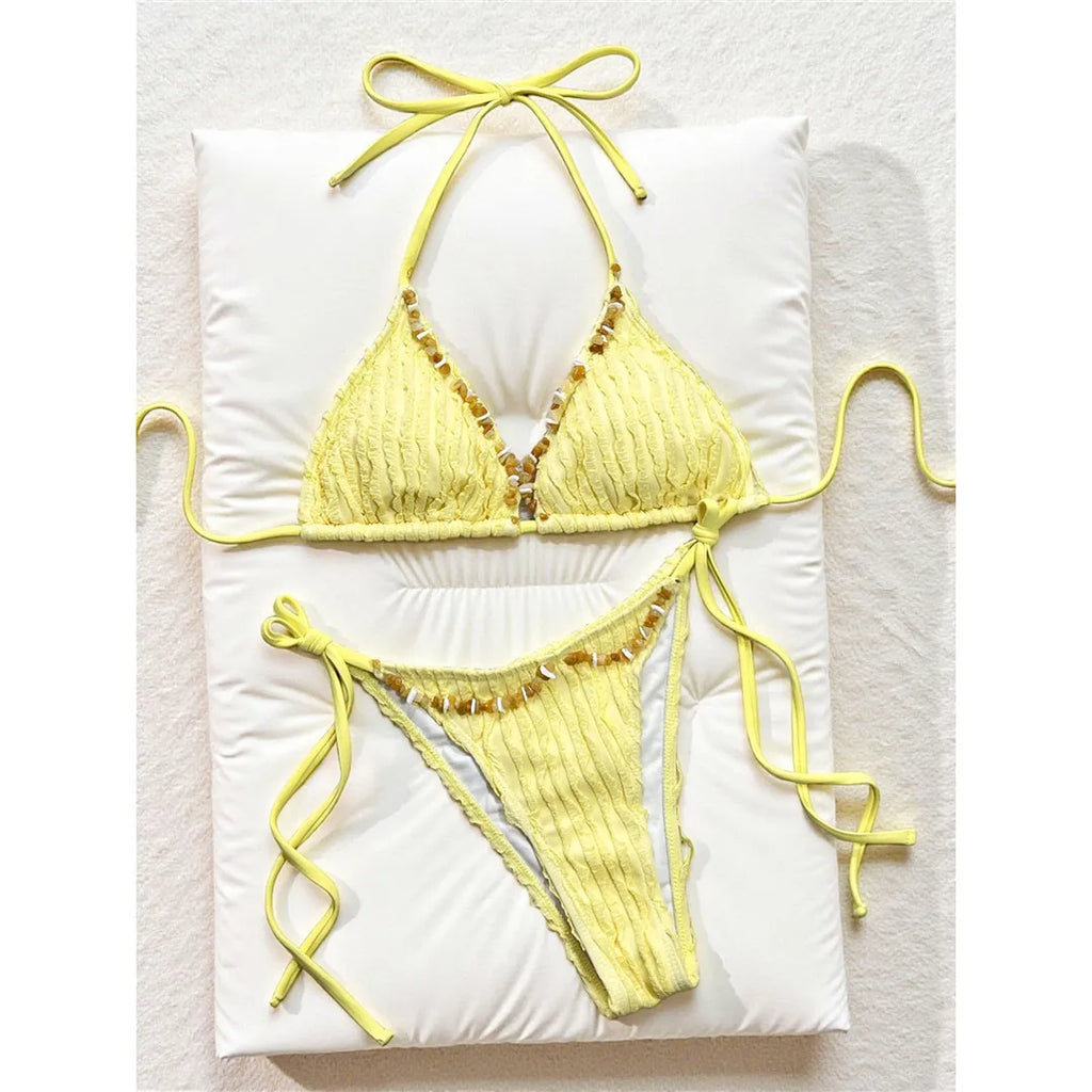 2026 Wrinkled Crinkled Halter Bikini Women Swimwear Female Swimsuit Strappy Bather Bathing Suit Swim Two-pieces Bikini set K8057