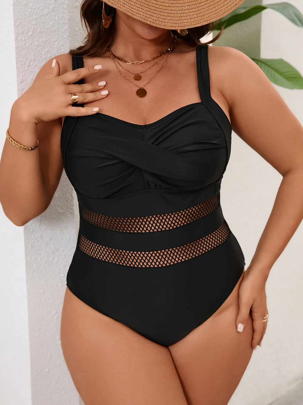 2026 Mesh Swimsuit Women One Piece Black Strappy Large Plus Big Size Swimwear Female Bathers Bathing Swimming Swim Suit 0XL-5XL