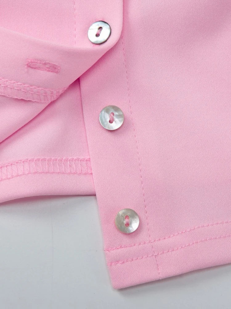 FDYOUI Pink T-shirts 2026 Summer Woman Clothes O-neck Single Breasted Cardigan Tops Female Short Sleeve Slim T Shirt Streetwear