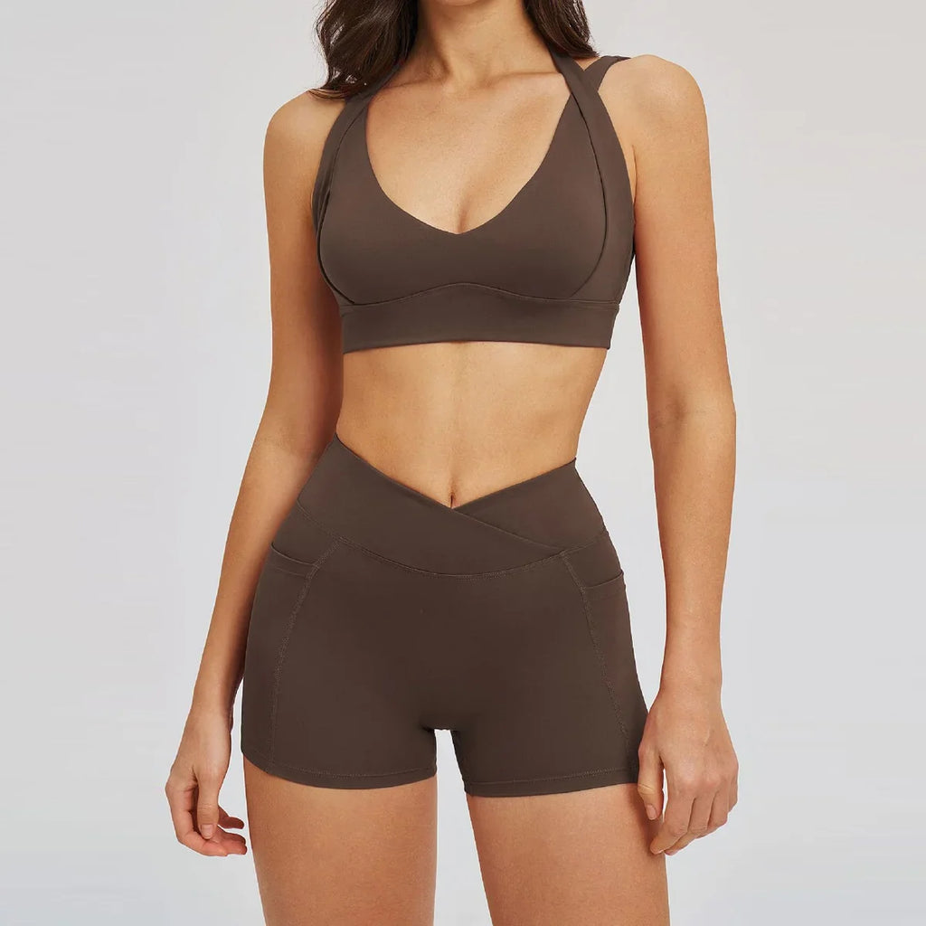 Women' Sports High Waist Shorts Set Fitness Cycling Elastic Sports Pants Yoga Bra Set Gym Sportswear Workout Set Athletic