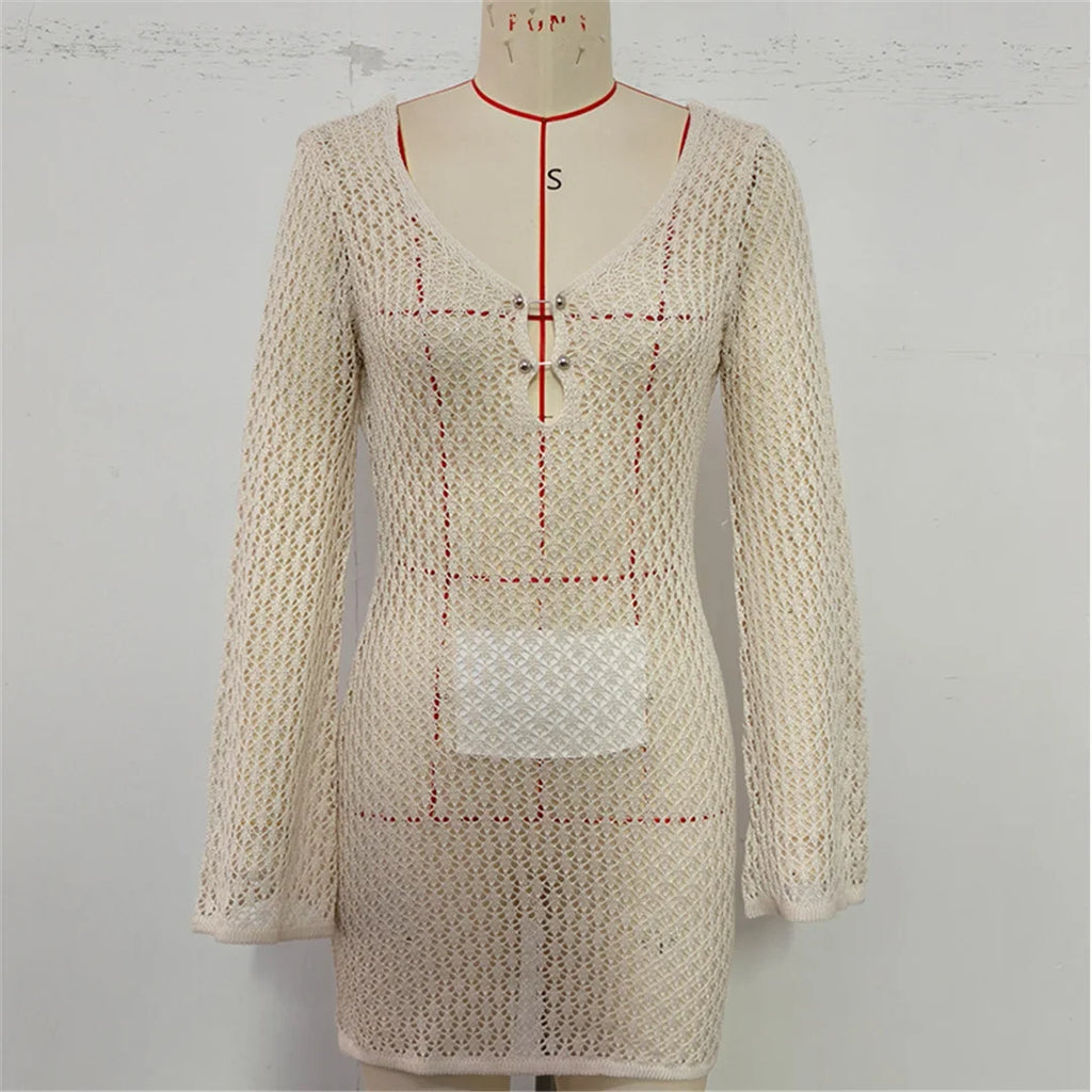 V Neck Long Sleeve Hollow Out Crochet Knitted Tunic Beach Cover Up Cover-ups Beach Dress Beach Wear Beachwear Female Women V7643
