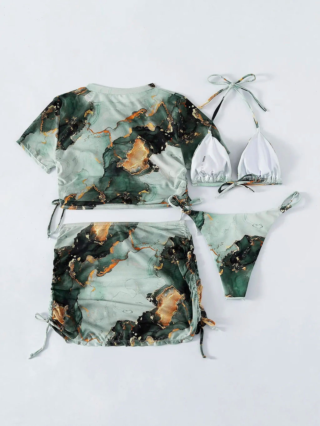 4 Pieces Halter Bikini Swimsuit With Marble Print Cover Up 2026 Swimwear Female Beachwear Bathing Swimming Suit Women Summer
