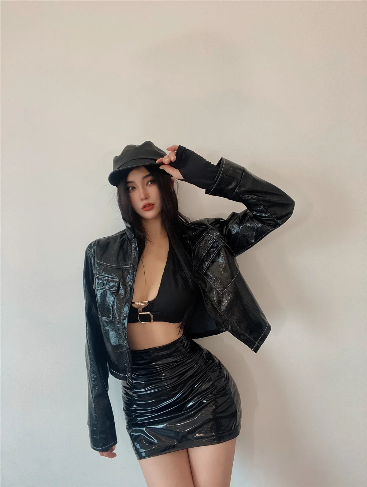 2023 Autumn Sweet Winter Black Sexy Tight High Waist Leather Mini Skirt Reflective PU Hot Sexy Korean Women Sweet 9SVK