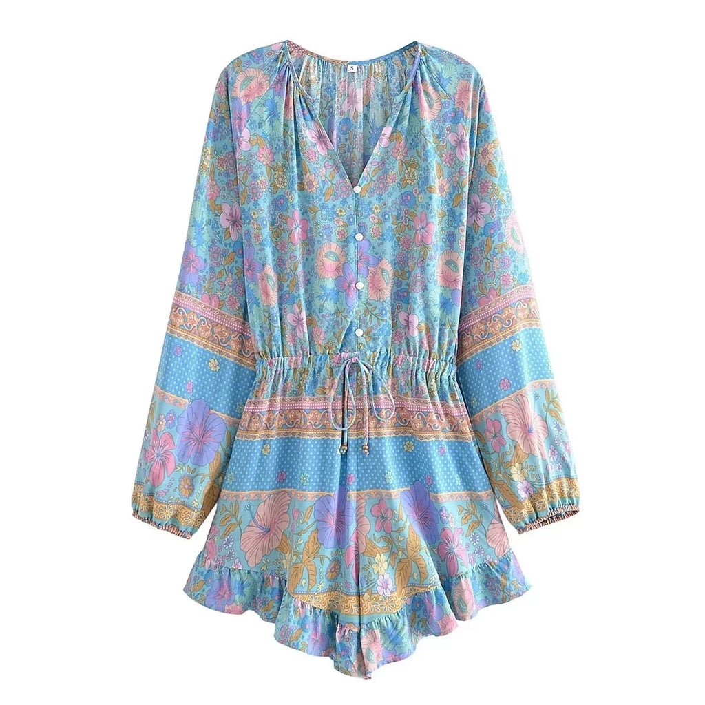 Long Sleeve Spring Summer Short Jumpsuit Women Printed Bohemian Wide Leg Playsuit Female Romper Ruffles Rayon Boho Overalls 2025