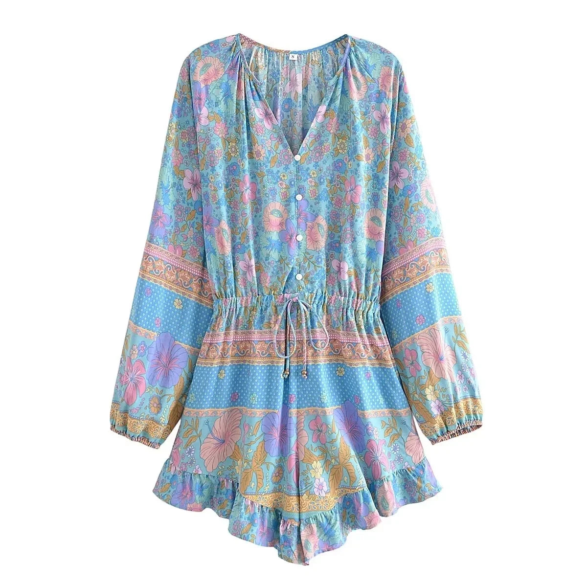 Long Sleeve Spring Summer Short Jumpsuit Women Printed Bohemian Wide Leg Playsuit Female Romper Ruffles Rayon Boho Overalls 2025