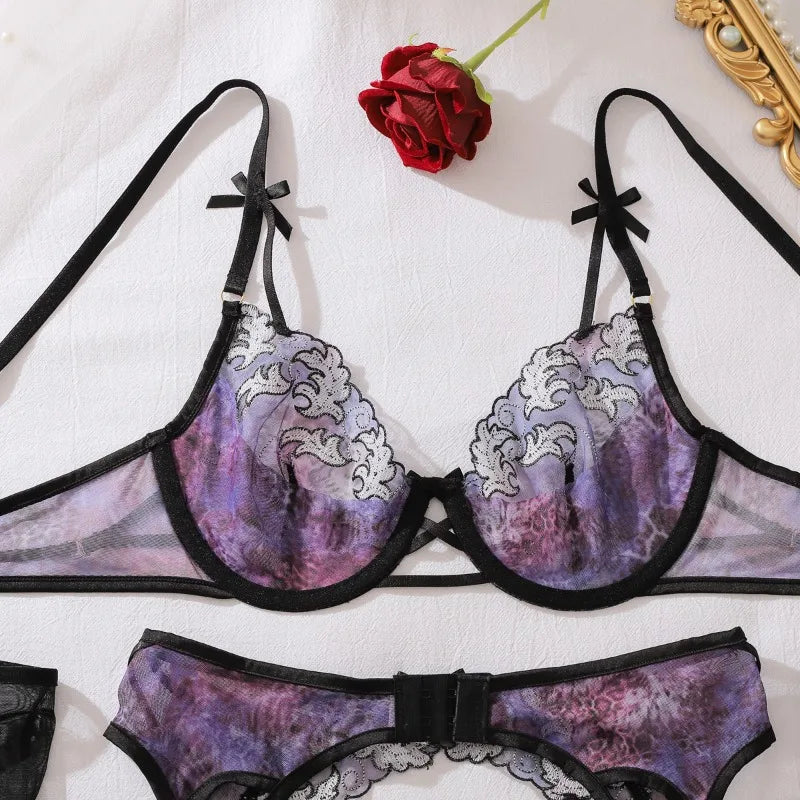 Toucheart Erotic Lingerie Fashionable Bow Accessories Contrasting Color Embroidery Hollow Slim Fit Women Sexy Lingerie Split Set