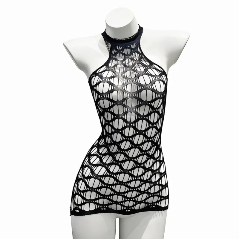 Sexy Mesh Halter Neck Hollow Out Open Crotch Dress With Exposed Chest And Sheer For Women Off-the-shoulder Mini Dress Charm RCIJ
