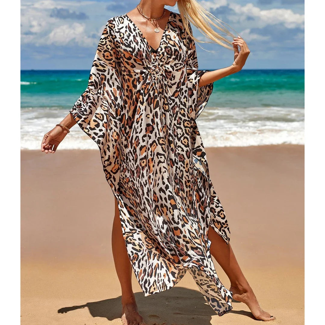 Sexy Zebra Printed V Neck Tunic Beach Cover Up Cover-ups Beach Dress Beach Wear Beachwear Beach Long Dress Female Women V4159