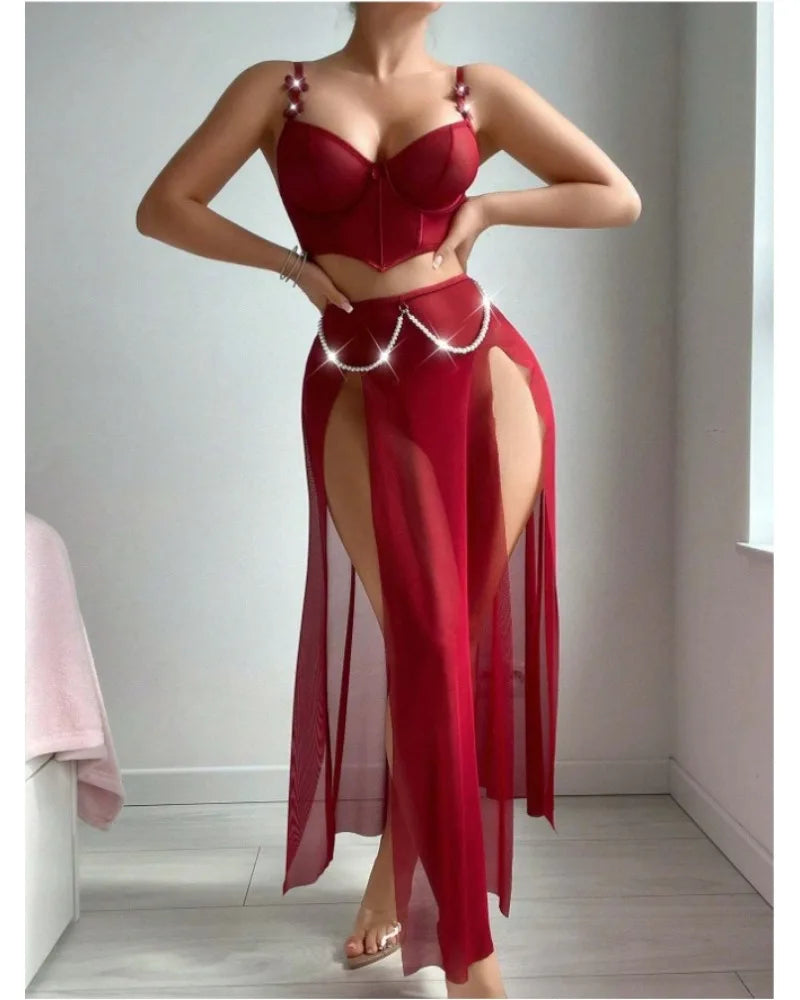 Women Sexy Lingerie Dress for Bow Knot Patchwork Mesh See-through Bra and Skirt Panties Set Underwear Erotic Lingerie