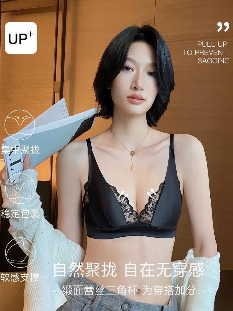 Modest French Lingerie Wirefree, Luxury Satin Bralette for Small Chest Summer Thin Cover Lace Bra Elegant Comfort MOYISU S-XL AB