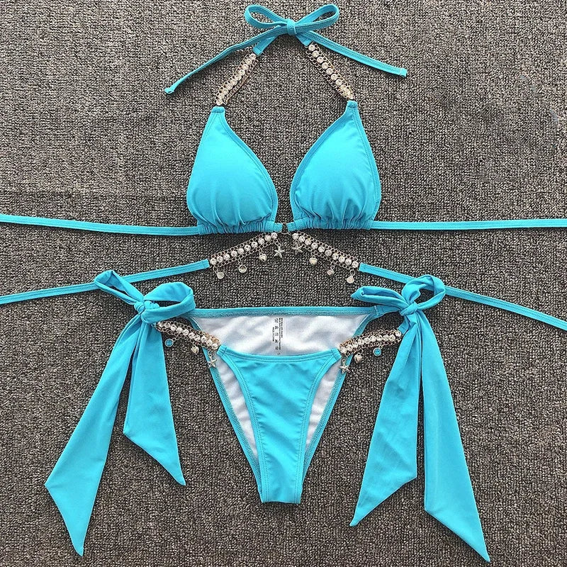 Wrap Around Halter Metal Chains Bikinis 2025 Diamond Bikini Women Swimsuit Female Swimwear Two Pieces Bikini set Bathing Suit