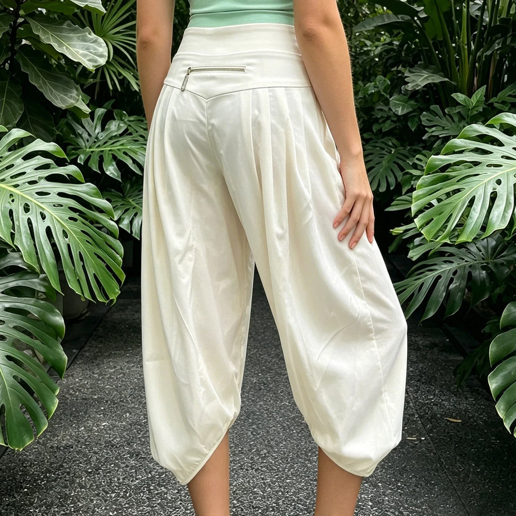 Summer Women Cargo Capri Pants Elastic Waist Cuffs Cropped Trousers with Side Pockets Fashion Casual Loose Fit Pants Streetwear
