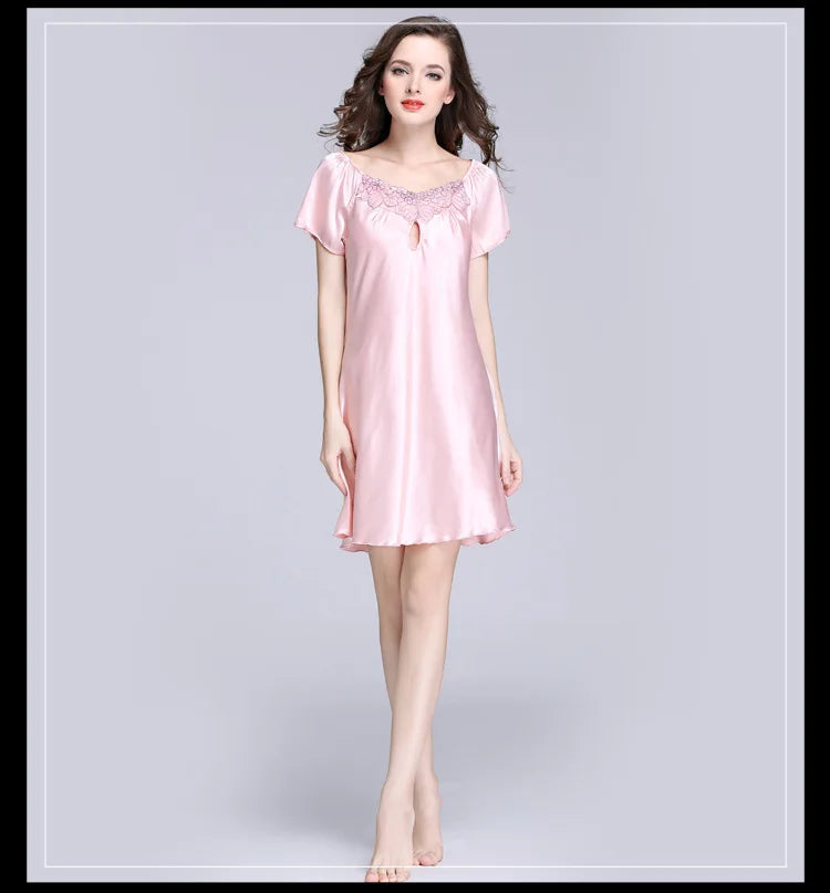 Women's Sleepwear Ice Silk Casual Silk Pajamas Women's Summer Sexy Short Sleeve Lace Pajamas Loungewear