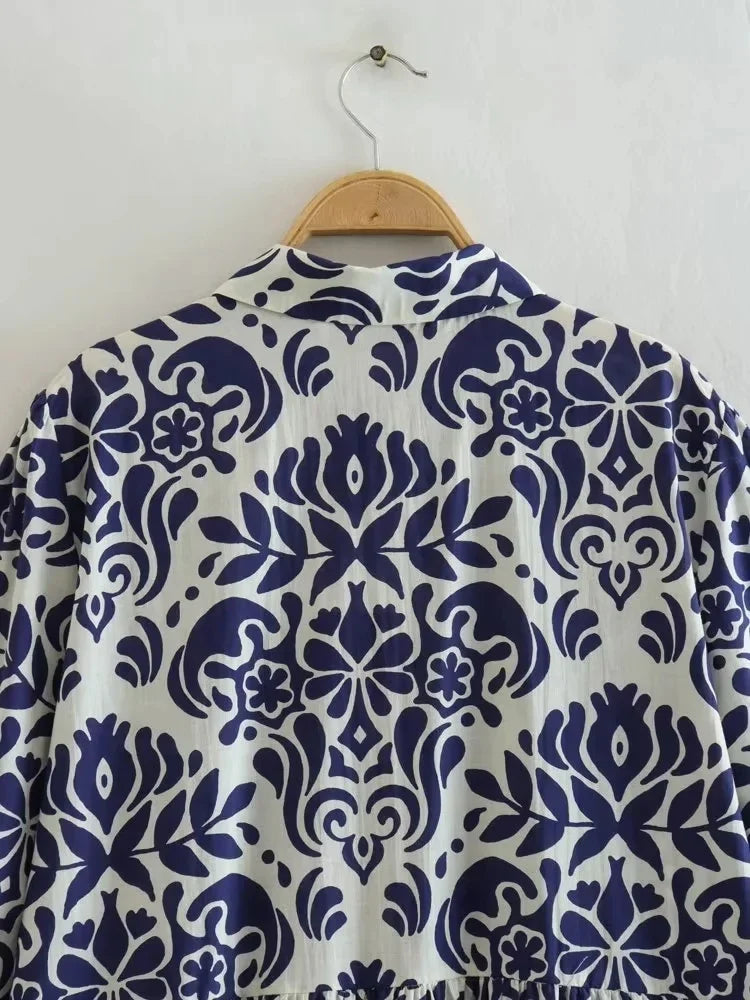Foridol Blue Flower Print Vintage Casual Shirt Dress Women 2025 Single Breasted Loose Boho Maxi Long Vestidos Dresses Fashion