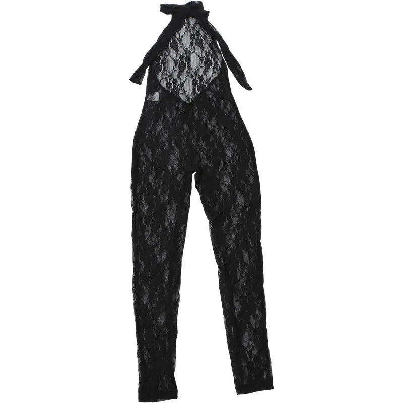 Women Halter Neck Lace Mesh Jumpsuit Sheer See Through Sleeveless Backless Bodycon Romper Y2K Clubwear Party Nightclub Outfit