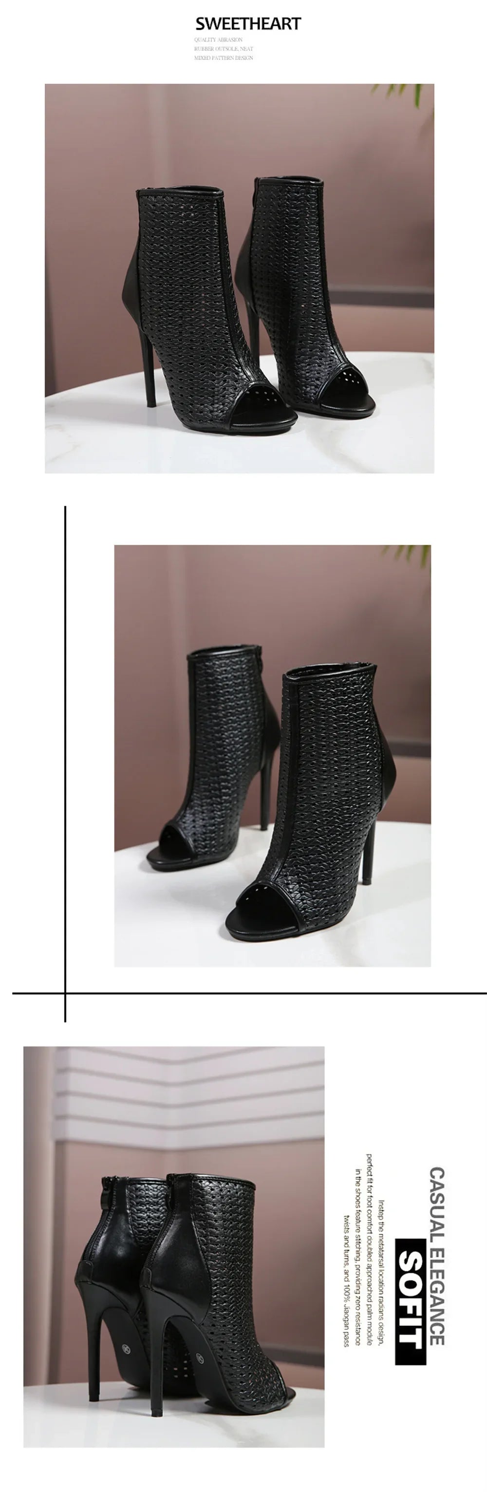 Big Size 42 Sexy Black Hollow Out Summer Boots Women Chic Peep Toe Thin High Heels Zip-up Ankle Boots Party Shoes